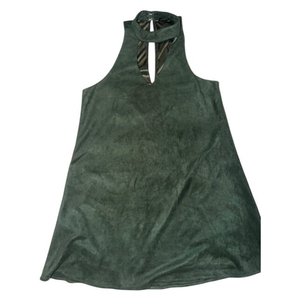 Olivaceous Womens Forest Green Faux Suede Choker Neck Keyhole Mini Dress Size M
